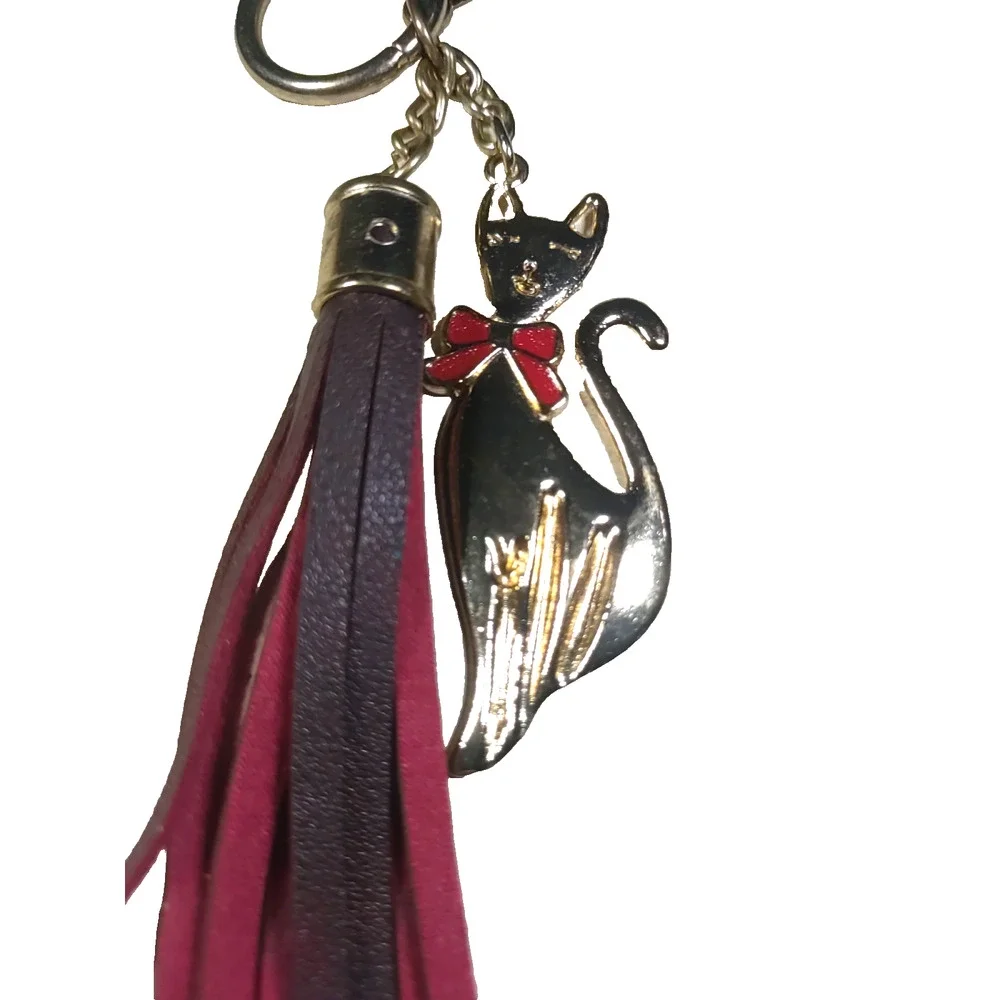 Cat Tassel Keychain Purse Clip Gold Tone Red Brown Leather